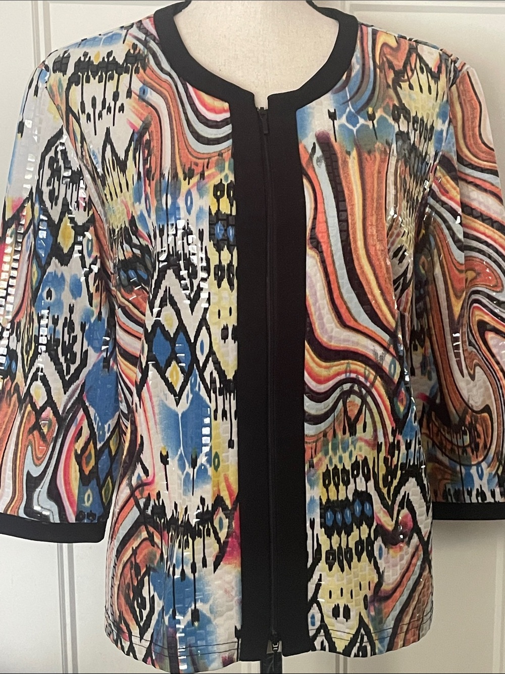 Joseph Ribkoff Multicolor Patterned Zip-Front Jacket with Black Trim